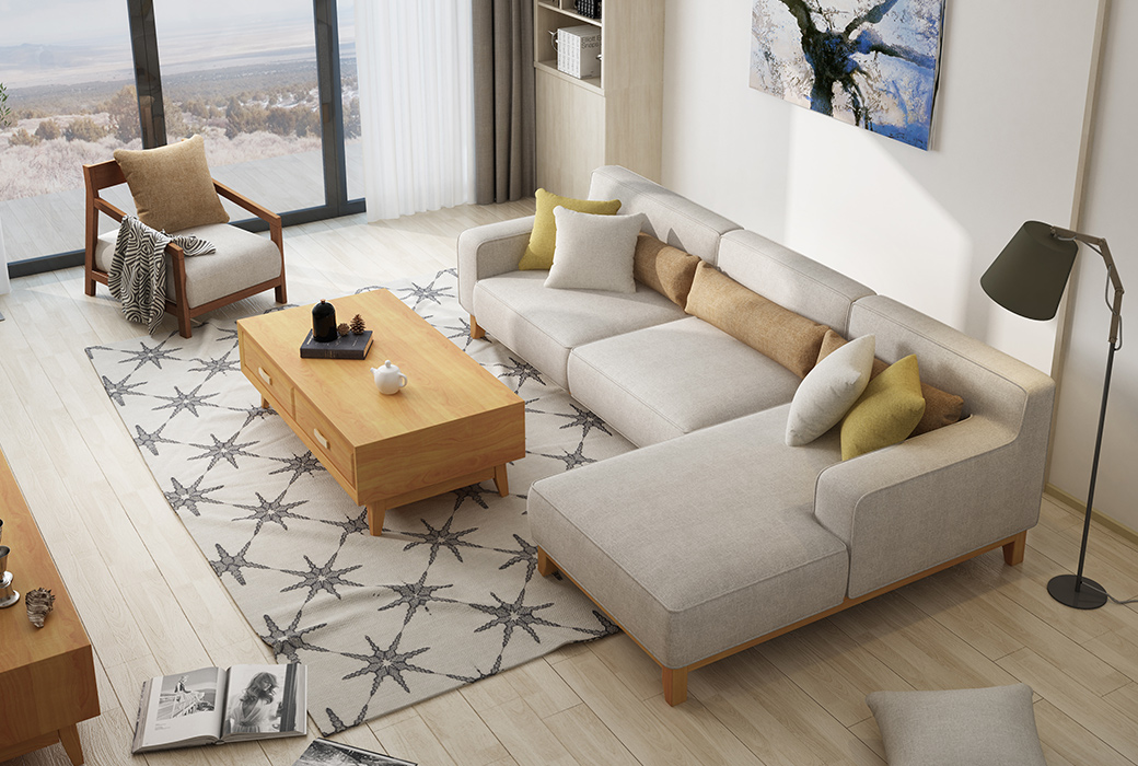 【纳德威】现代风格 抛光实木内架棉麻布艺米白色三位沙发