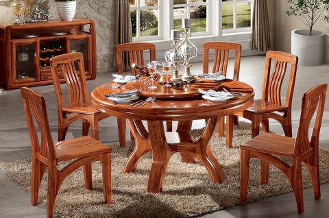 【枫情居】中式风格 进口番龙眼木转盘圆餐桌椅组合 ￥9049.00